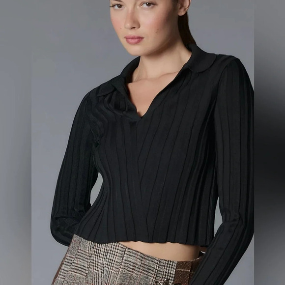 Maeve for Anthropologie Women’s Black Ribbed V-Neck Polo Sweater Size L - Picture 2 of 12